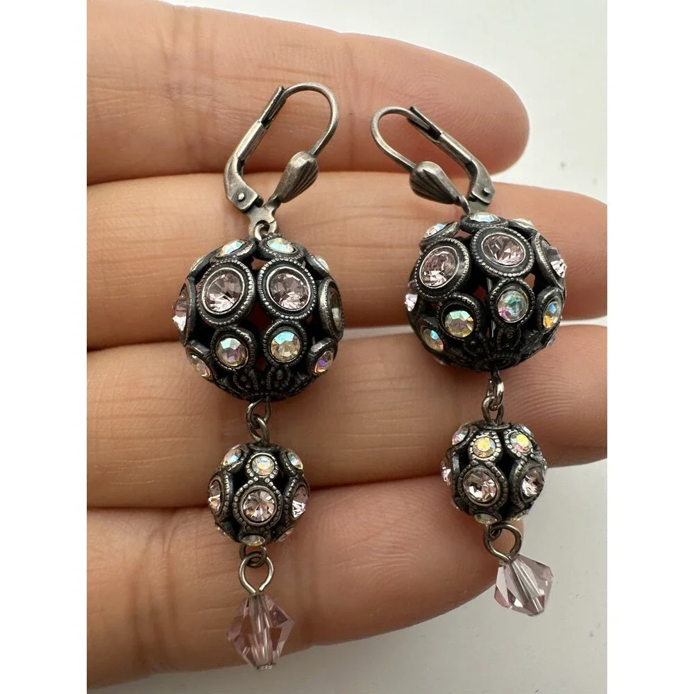 Vintage AB Rhinestone Disco Ball Dangle Earrings Lever Back READ